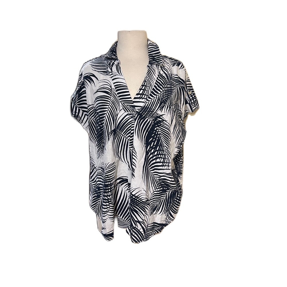 Liz Claiborne XL Short Sleeve Popover Floral Palm Blouse Linen Top Effortless